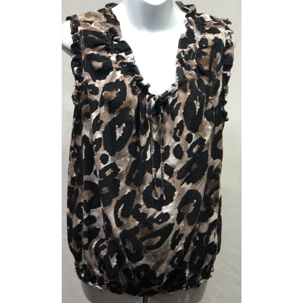 Ana Sleeveless Top XL Blk Brown Leopard Cheetah Ruffles Key Hole Rayon Y2K